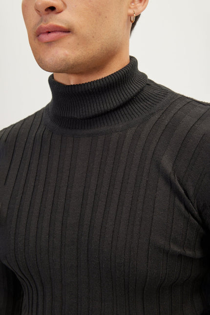 Men's Ribbed Roll Neck Sweater - Black | Ron Tomson