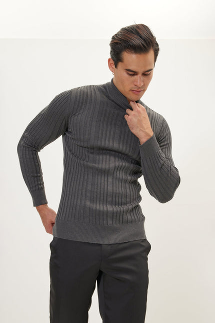 Men's Ribbed Roll Neck Sweater - Anthracite | Ron Tomson