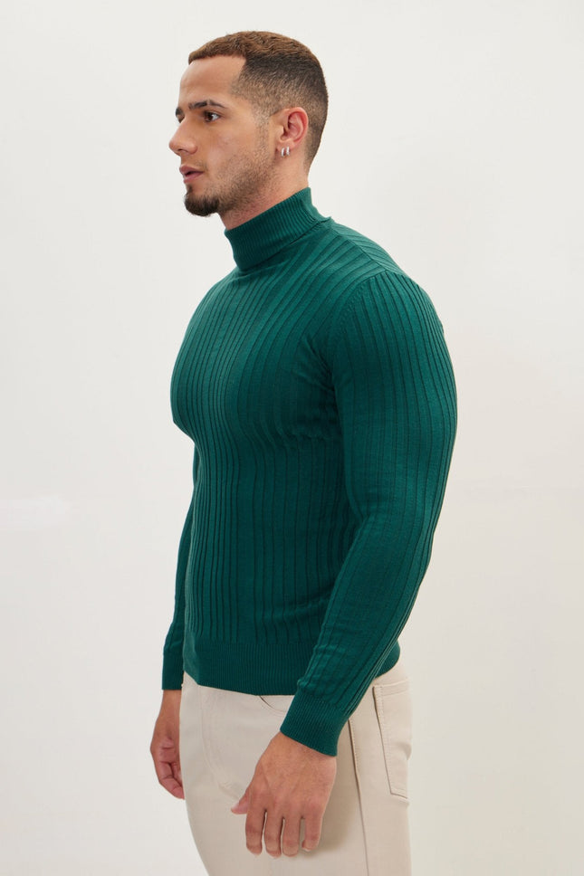 Men's Ribbed Roll Neck Sweater - Green | Ron Tomson