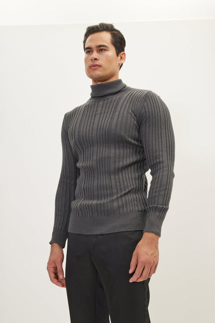 Men's Ribbed Roll Neck Sweater - Anthracite | Ron Tomson