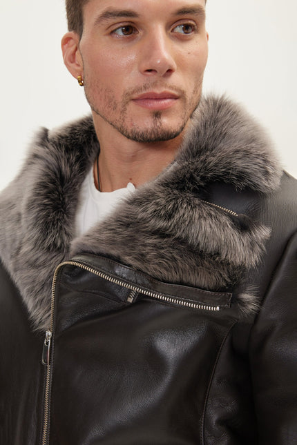 Men's Reversible Toscana Shearling Bomber Jacket - Chocolate | Ron Tomson