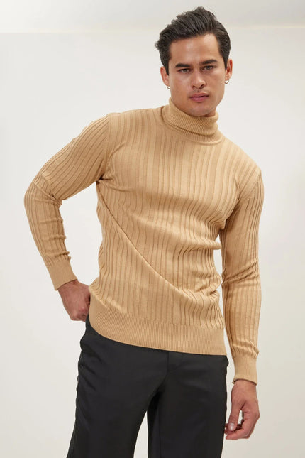 Men's Ribbed Roll Neck Sweater - Camel | Ron Tomson