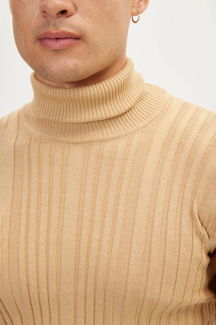 Men's Ribbed Roll Neck Sweater - Camel | Ron Tomson