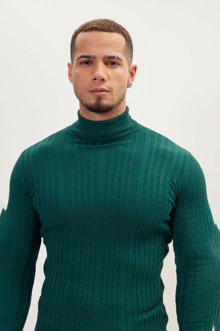 Men's Ribbed Roll Neck Sweater - Green | Ron Tomson