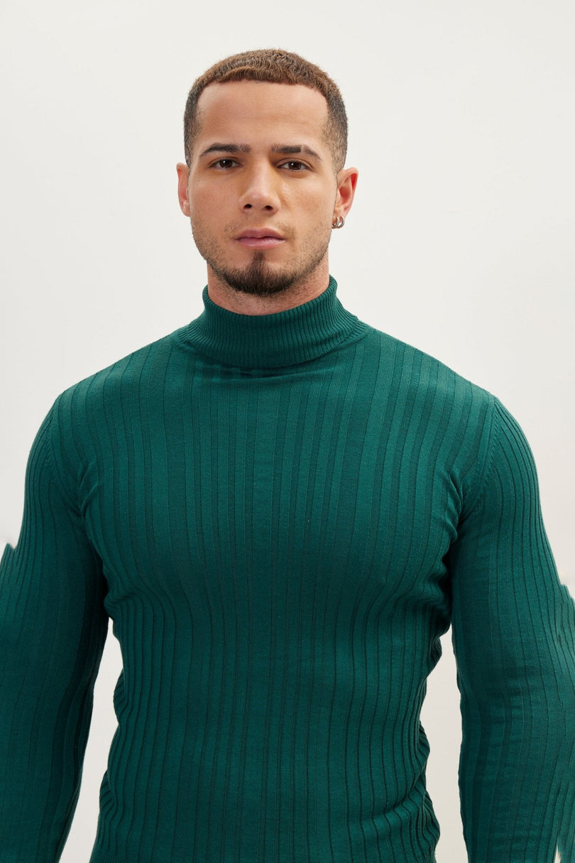 Men's Ribbed Roll Neck Sweater - Green | Ron Tomson