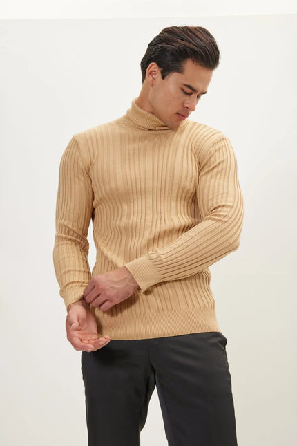 Men's Ribbed Roll Neck Sweater - Camel | Ron Tomson