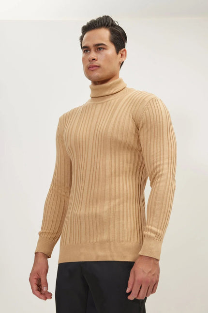 Men's Ribbed Roll Neck Sweater - Camel | Ron Tomson