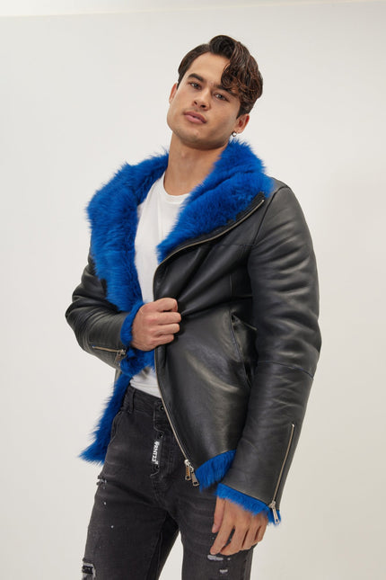 Men's Reversible Toscana Shearling Leather Bomber - Black Navy | Ron Tomson