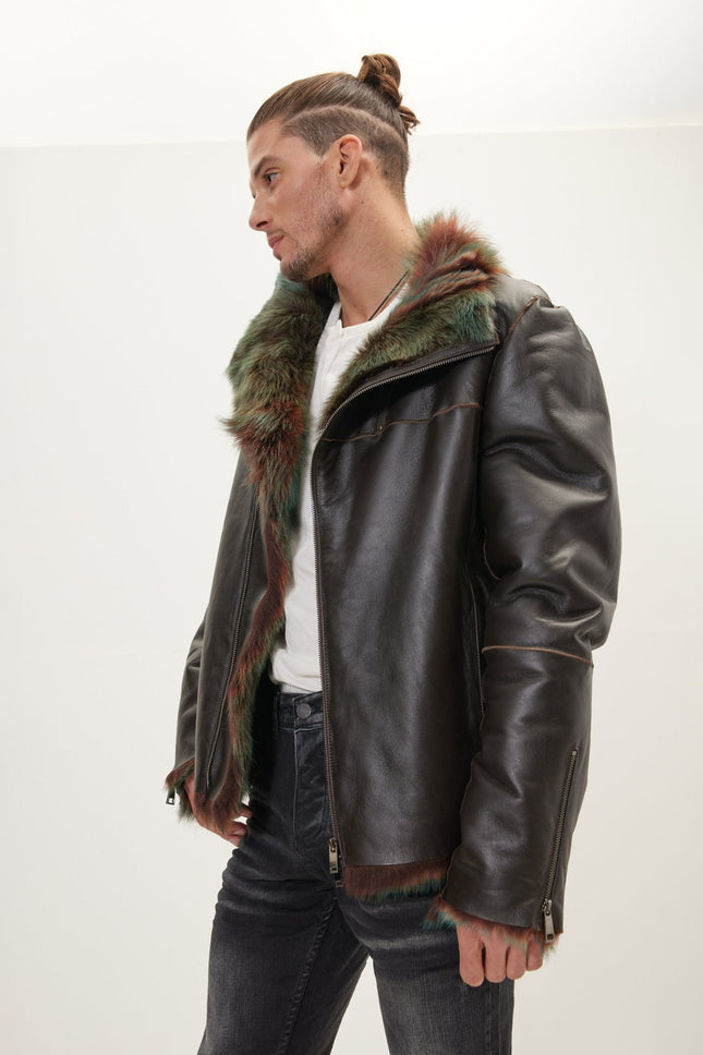 Men's Reversible Shearling Leather Bomber - Dark Brown | Ron Tomson
