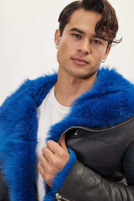Men's Reversible Toscana Shearling Leather Bomber - Black Navy | Ron Tomson