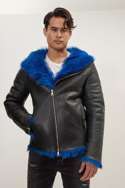 Men's Reversible Toscana Shearling Leather Bomber - Black Navy | Ron Tomson