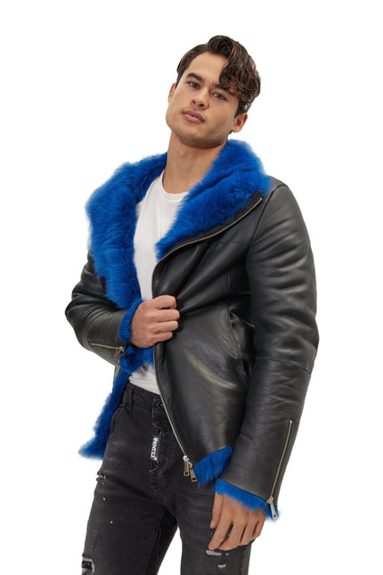 Men's Reversible Toscana Shearling Leather Bomber - Black Navy | Ron Tomson