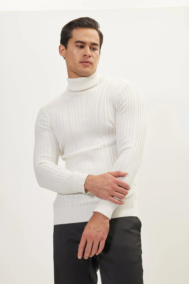 Roll-Neck Ribbed Knit Sweater - White