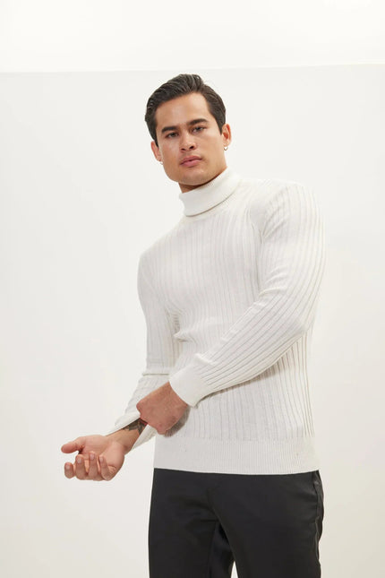 Men's Ribbed Roll Neck Sweater - White | Ron Tomson
