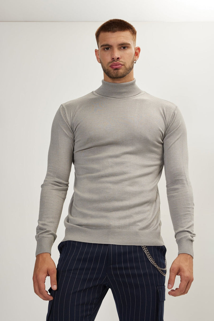 Men's Roll Neck Knit Sweater - Grey | Ron Tomson