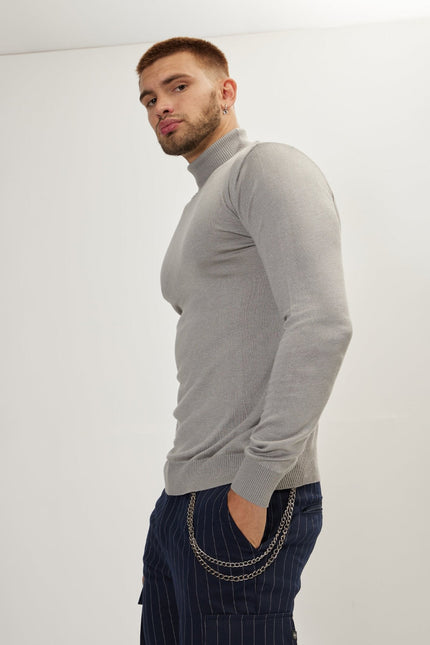 Men's Roll Neck Knit Sweater - Grey | Ron Tomson