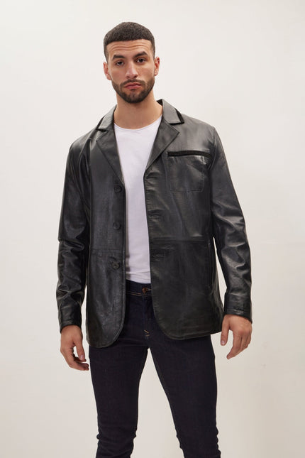 Men's Three-Button Leather Blazer - Black | Ron Tomson