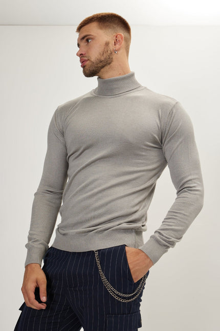 Men's Roll Neck Knit Sweater - Grey | Ron Tomson