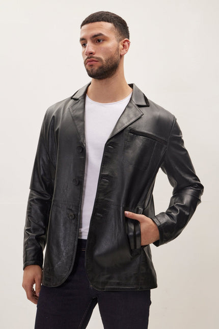 Men's Three-Button Leather Blazer - Black | Ron Tomson