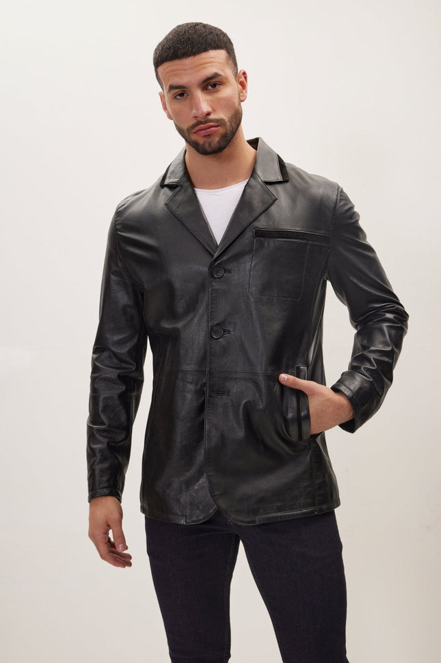 Men's Three-Button Leather Blazer - Black | Ron Tomson
