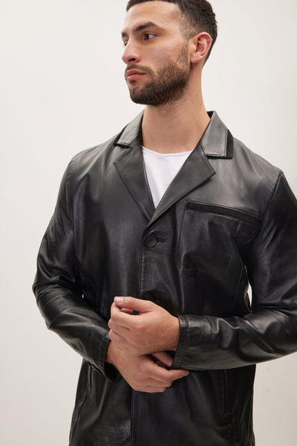 Men's Three-Button Leather Blazer - Black | Ron Tomson
