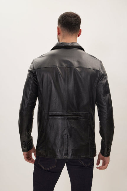 Men's Three-Button Leather Blazer - Black | Ron Tomson