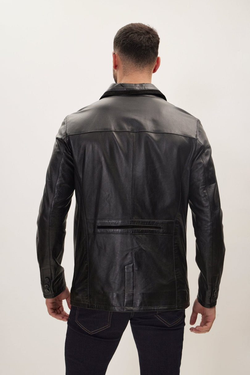 Men's Three-Button Leather Blazer - Black | Ron Tomson