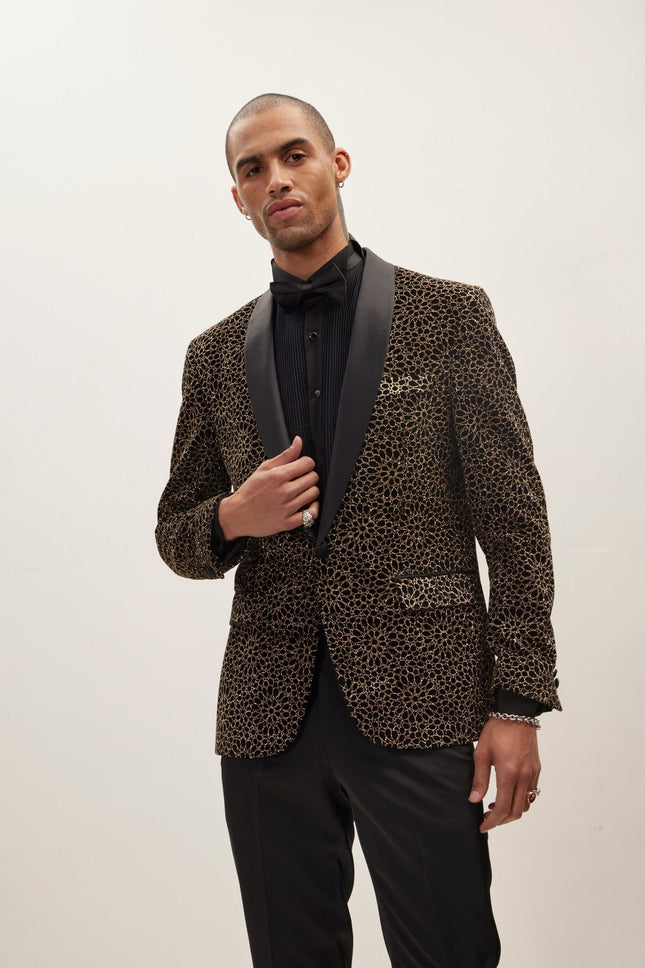 Men's Sacred Geometry Infinity Pattern Shawl Lapel Tuxedo Jacket - Black Gold | Ron Tomson