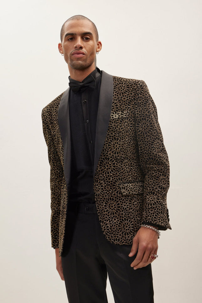 Men's Sacred Geometry Infinity Pattern Shawl Lapel Tuxedo Jacket - Black Gold | Ron Tomson