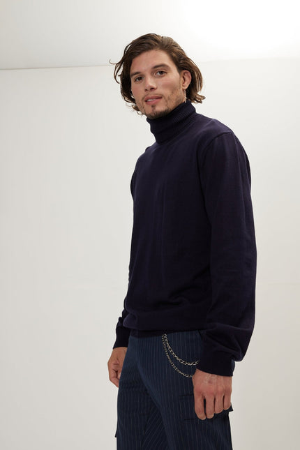 Men's Roll Neck Knit Sweater - Navy | Ron Tomson