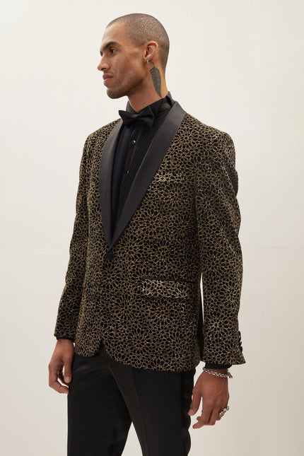 Men's Sacred Geometry Infinity Pattern Shawl Lapel Tuxedo Jacket - Black Gold | Ron Tomson