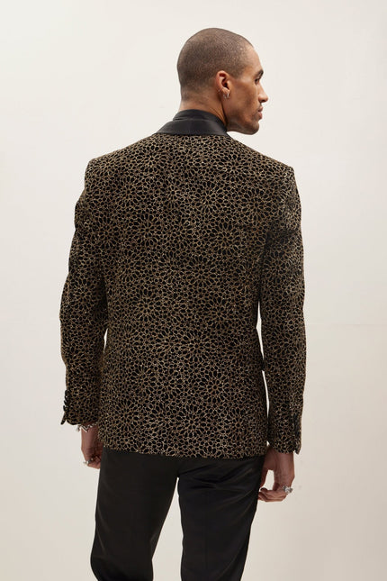 Men's Sacred Geometry Infinity Pattern Shawl Lapel Tuxedo Jacket - Black Gold | Ron Tomson