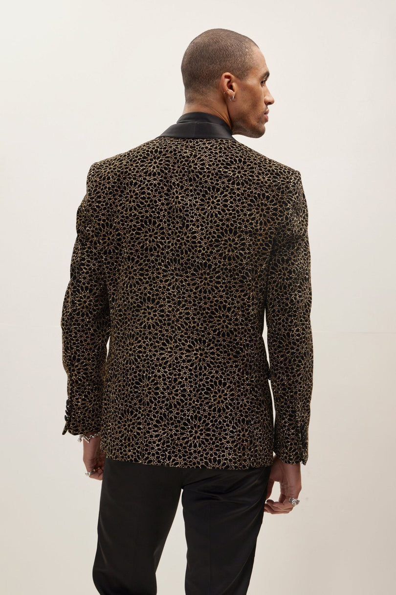 Men's Sacred Geometry Infinity Pattern Shawl Lapel Tuxedo Jacket - Black Gold | Ron Tomson