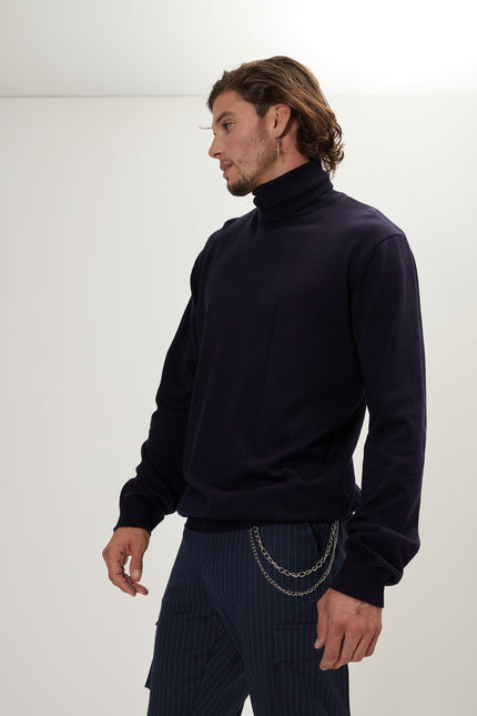 Men's Roll Neck Knit Sweater - Navy | Ron Tomson