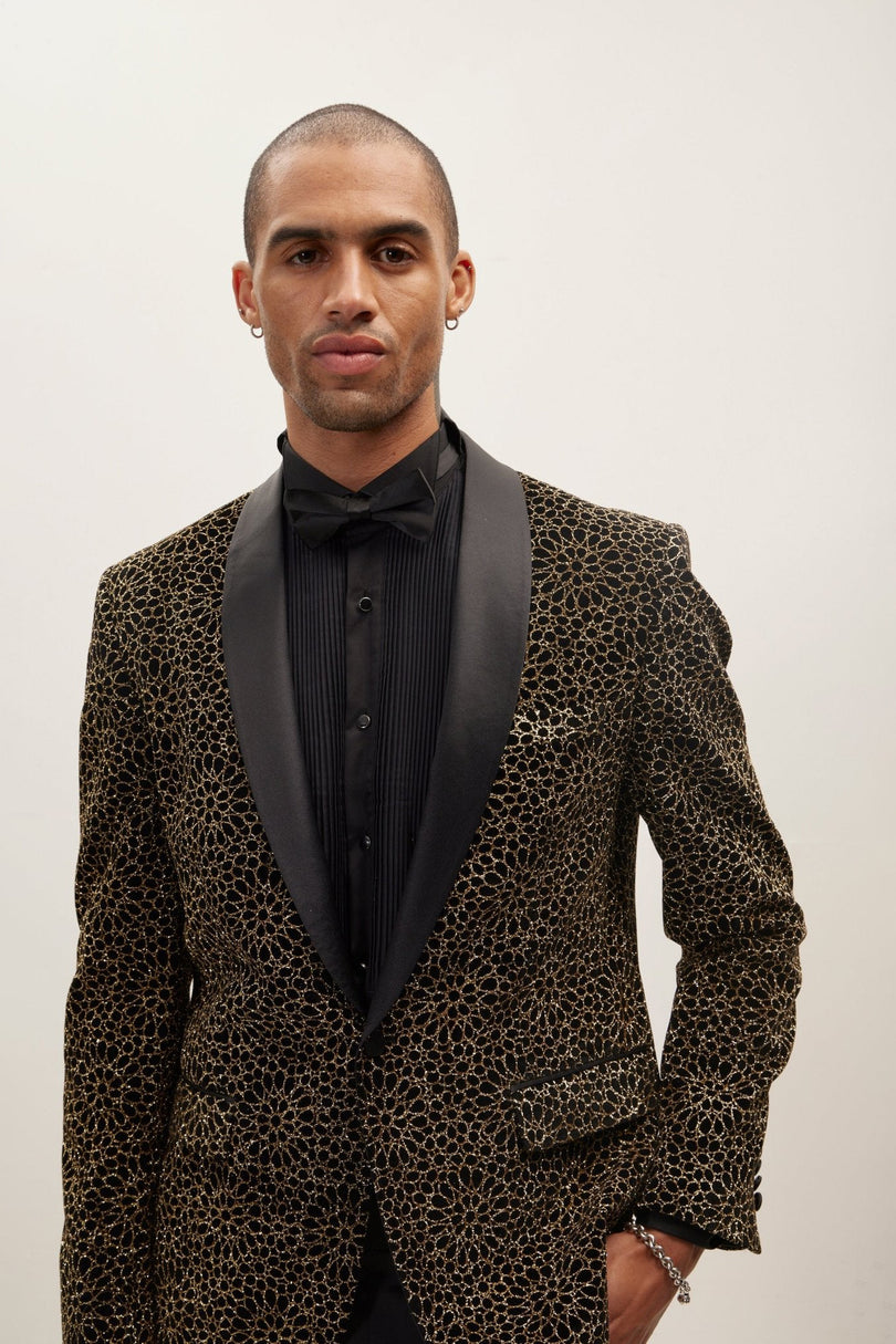 Men's Sacred Geometry Infinity Pattern Shawl Lapel Tuxedo Jacket - Black Gold | Ron Tomson