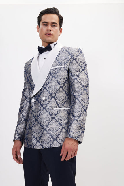Men's Floral Double-Breasted Tuxedo Jacket - Navy White | Ron Tomson