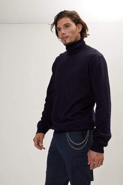 Men's Roll Neck Knit Sweater - Navy | Ron Tomson