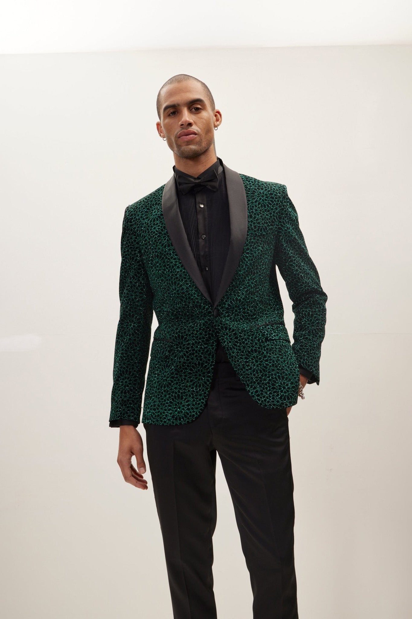 Men's Embellished Shawl Lapel Tuxedo Jacket - Black Green