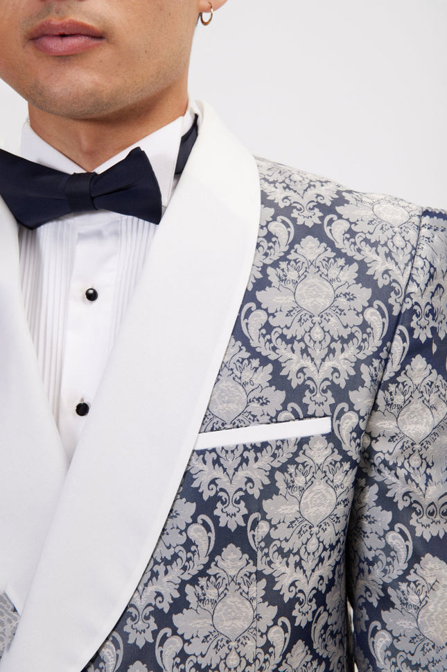Men's Floral Double-Breasted Tuxedo Jacket - Navy White | Ron Tomson