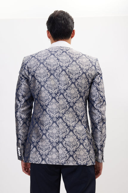 Men's Floral Double-Breasted Tuxedo Jacket - Navy White | Ron Tomson