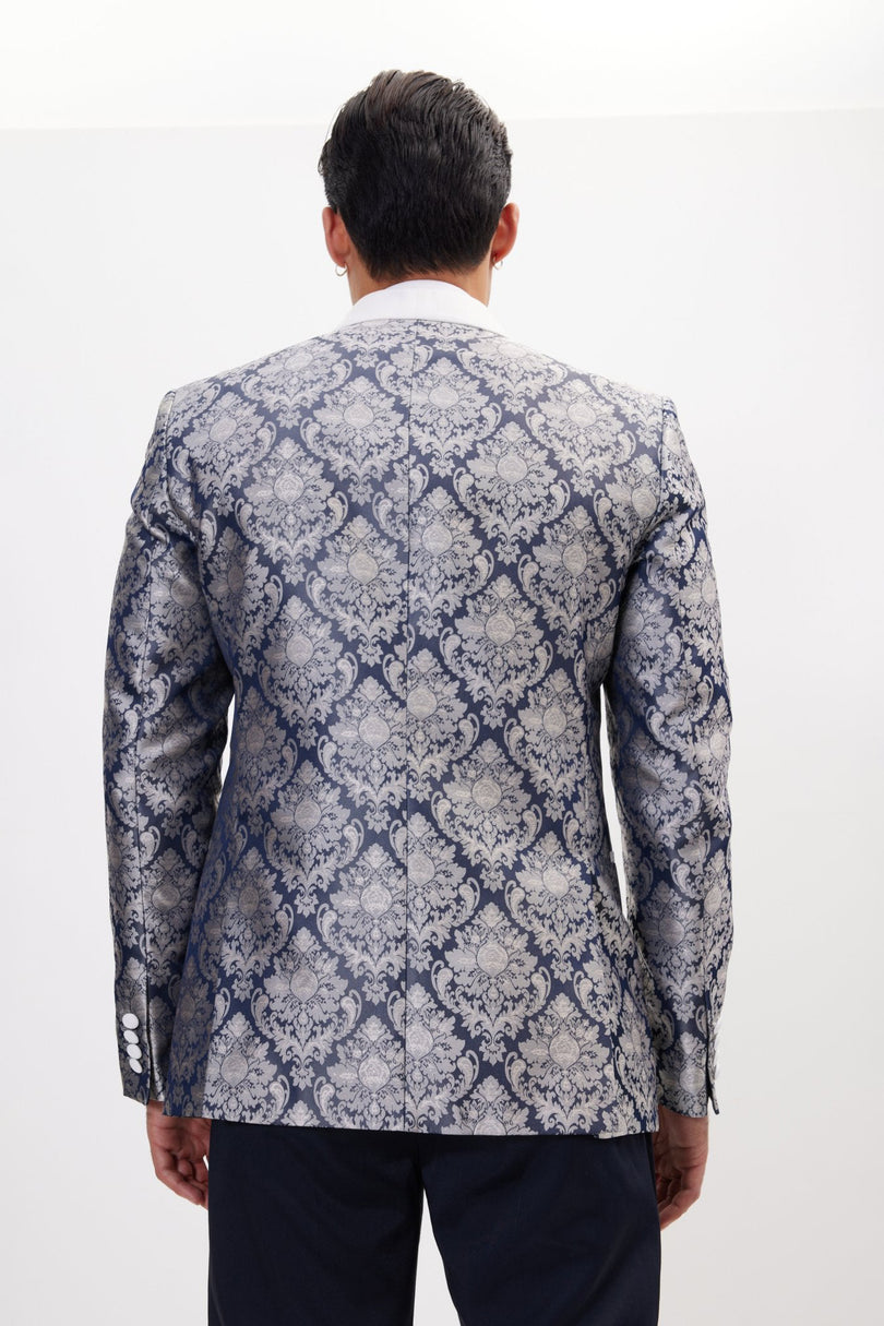 Men's Floral Double-Breasted Tuxedo Jacket - Navy White | Ron Tomson