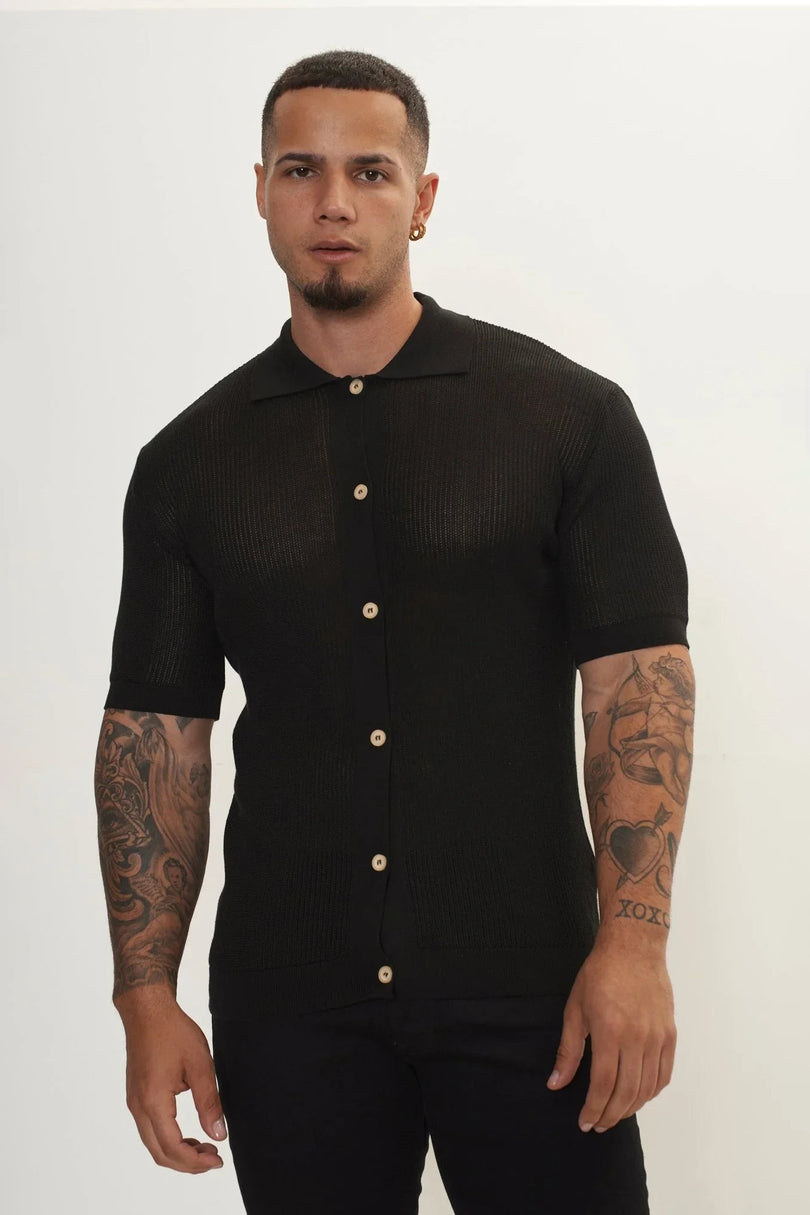 Men's See Through Button Down Mesh Top - Black