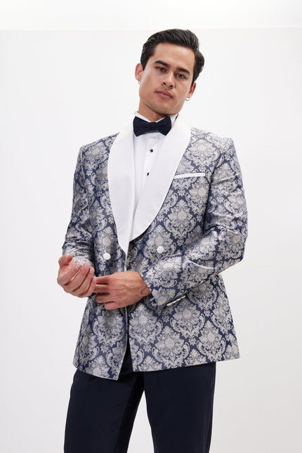 Men's Floral Double-Breasted Tuxedo Jacket - Navy White | Ron Tomson