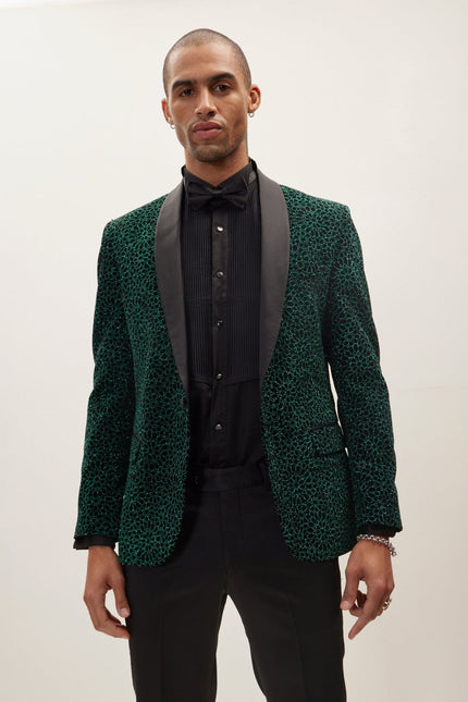 Men's Embellished Shawl Lapel Tuxedo Jacket - Black Green | Ron Tomson
