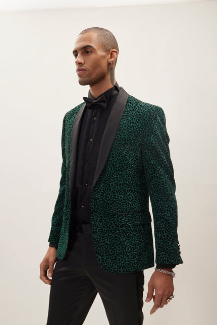 Men's Embellished Shawl Lapel Tuxedo Jacket - Black Green | Ron Tomson
