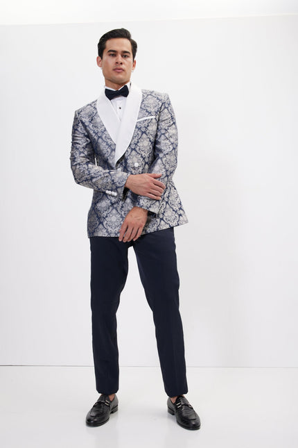 Men's Floral Double-Breasted Tuxedo Jacket - Navy White | Ron Tomson