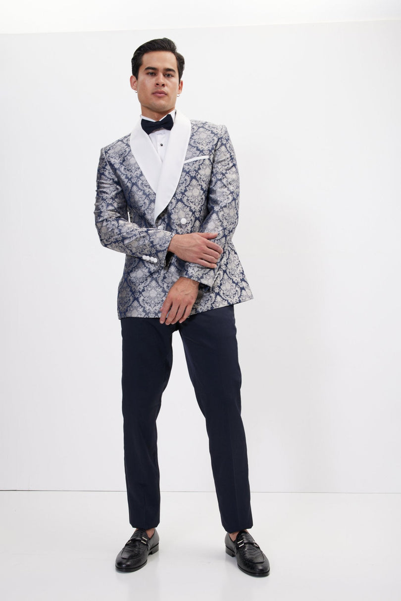 Men's Floral Double-Breasted Tuxedo Jacket - Navy White | Ron Tomson