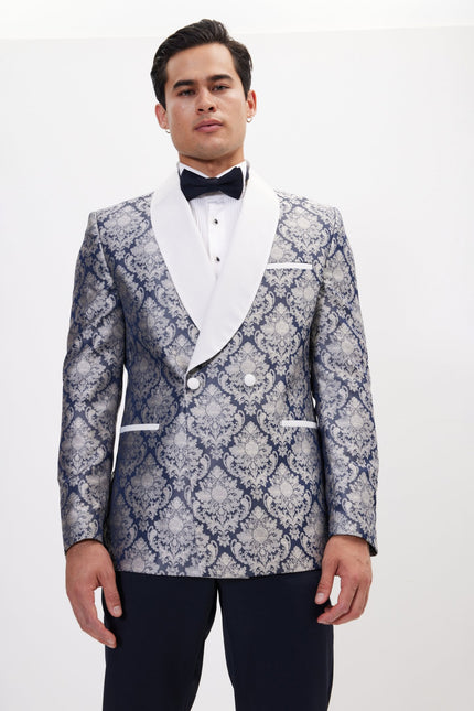 Men's Floral Double-Breasted Tuxedo Jacket - Navy White | Ron Tomson