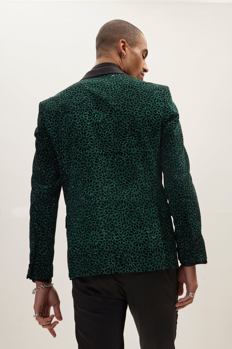 Men's Embellished Shawl Lapel Tuxedo Jacket - Black Green | Ron Tomson