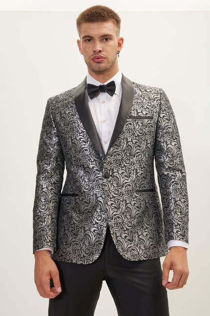 Men's Shawl Lapel Metalic Paisley Tuxedo Jacket -  Silver Black | Ron Tomson
